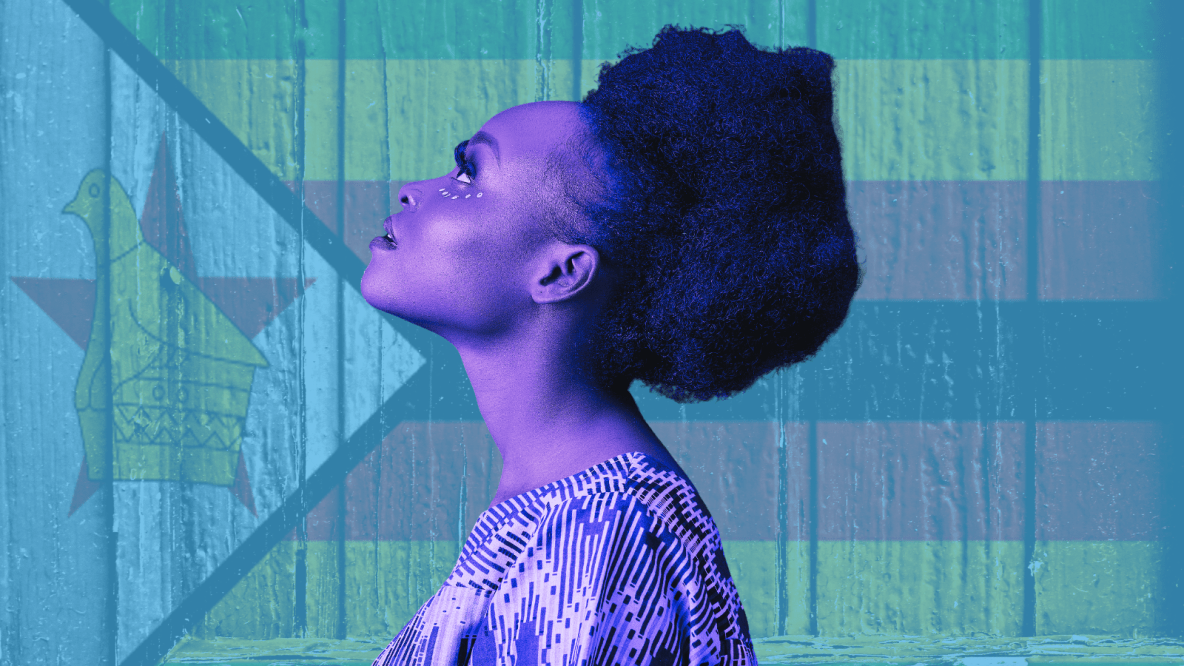 A Black woman holds her head high - the background is the Zimbabwean flag